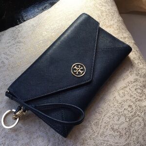 Tory Burch Robinson Navy Blue Wristlet Clutch